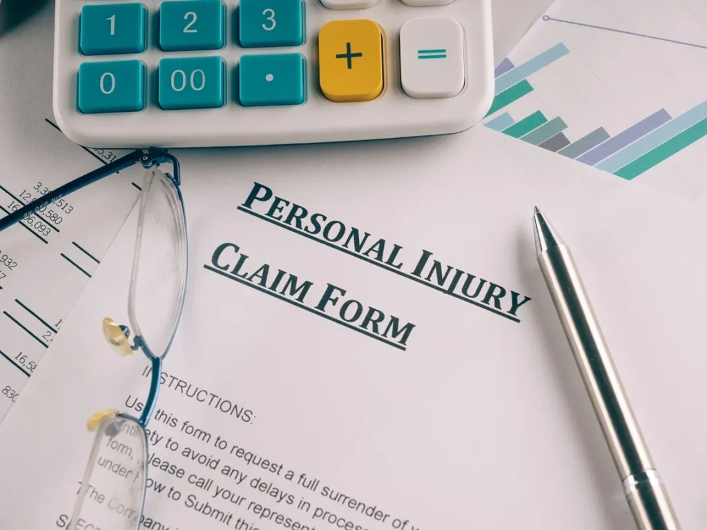 A personal injury claim form, calculator and eyeglasses on a desk.