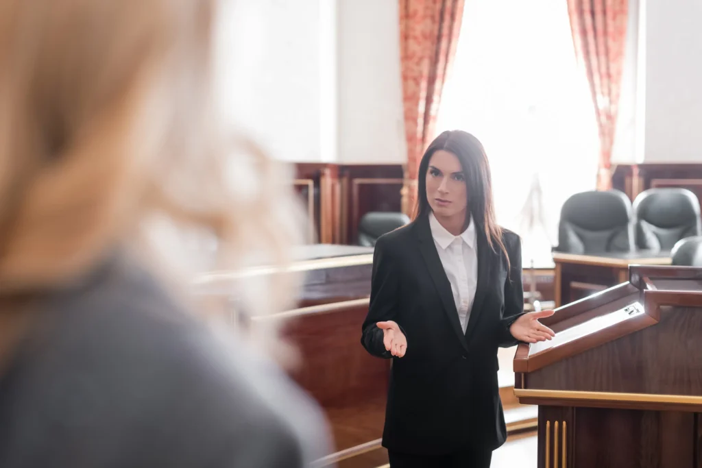 A lawyer speaking in a court room.