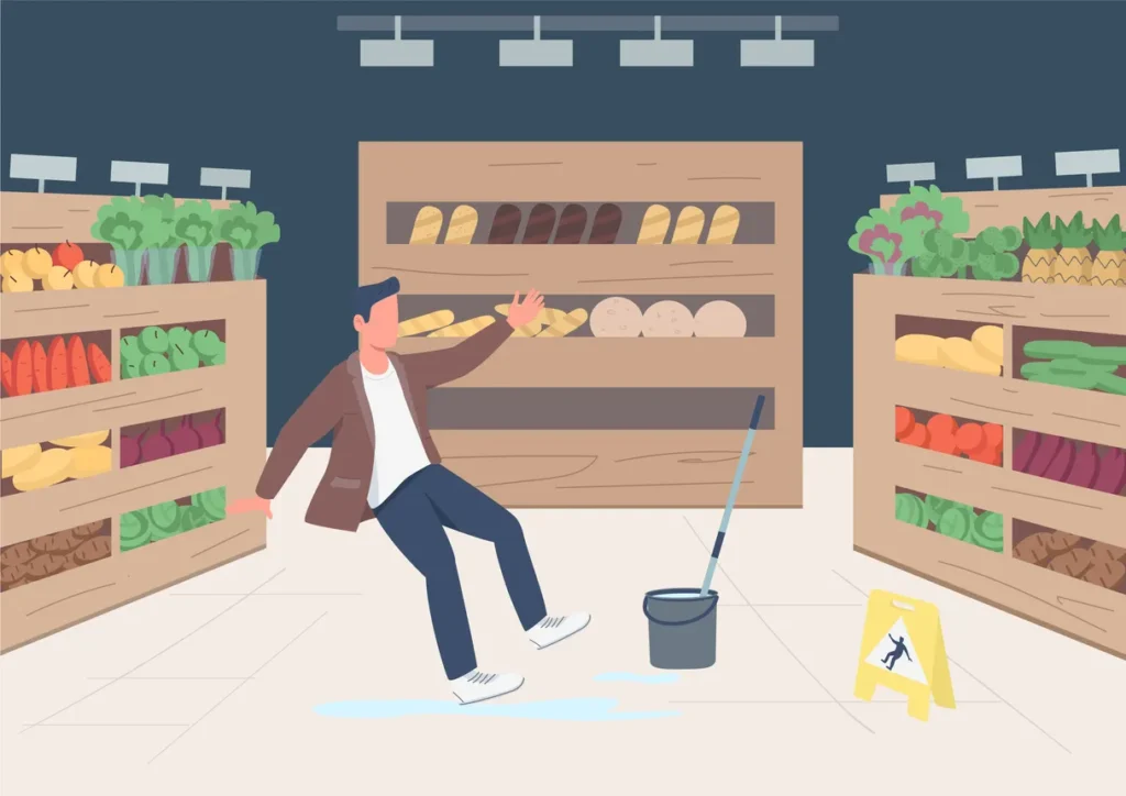 An illustration of a person slipping on a wet floor in a retail store.