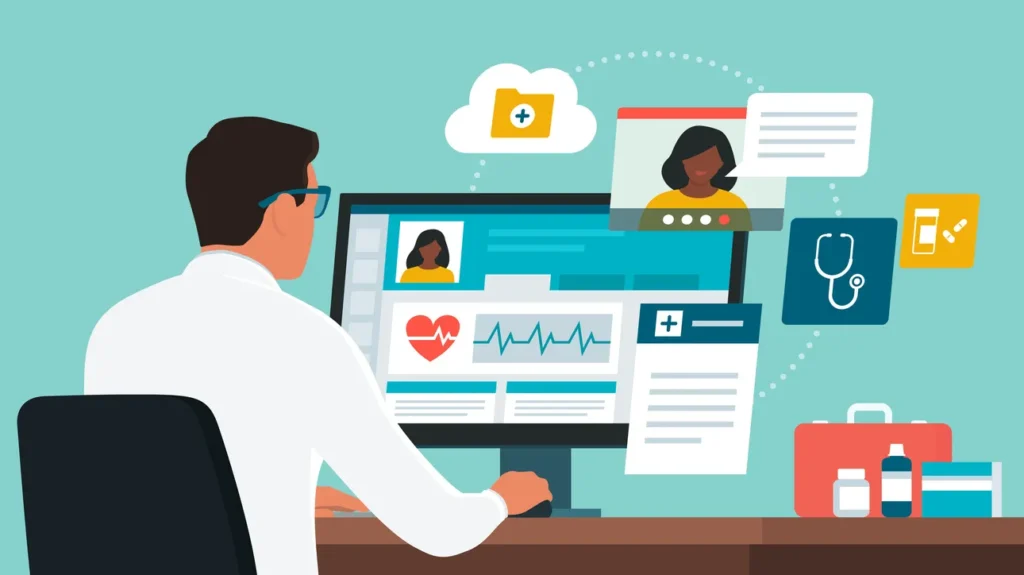 An illustration of a doctor checking a patient's records.