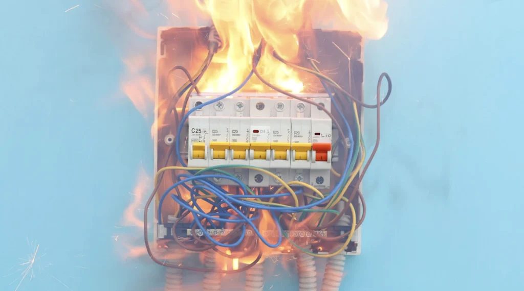 electrical fire resultig from short circuit in faulty electrical wiring