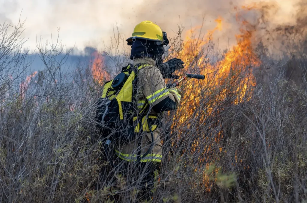 firefighter extinguishing a crop fire