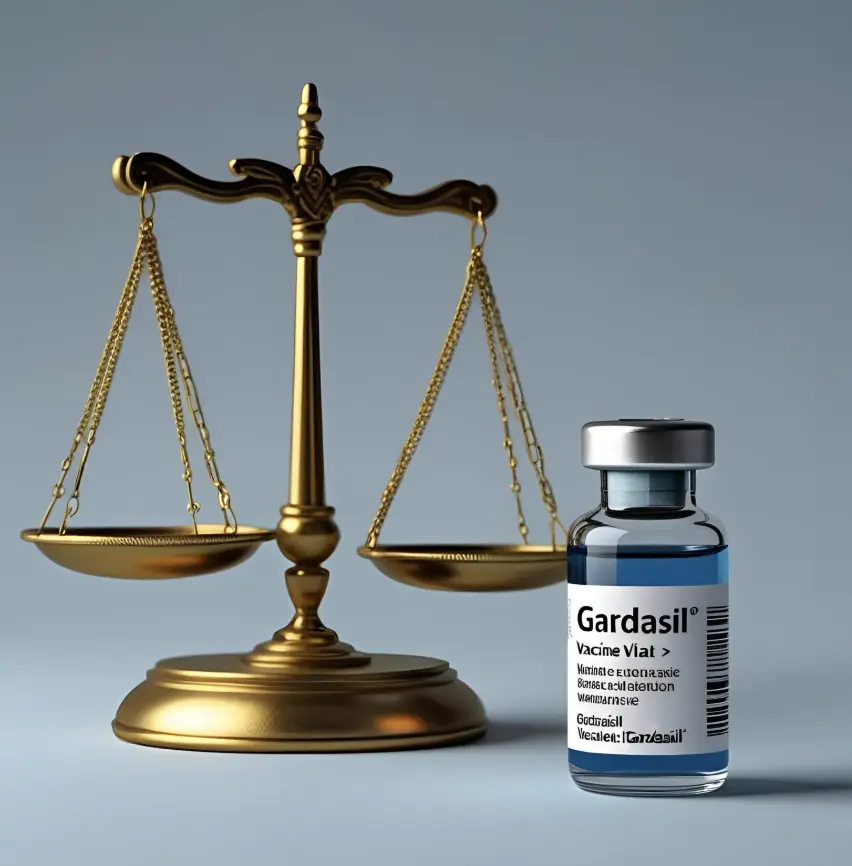 Scales of justice next to a vaccine vial labeled “Gardasil.