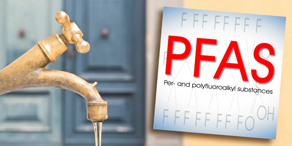 Old faucet dripping water next to a graphic labeled “PFAS – Per- and polyfluoroalkyl substances,” symbolizing water contamination concerns.