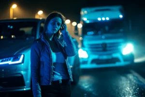 Woman standing beside a car at night after a collision with a semi-truck, looking concerned while on the phone.